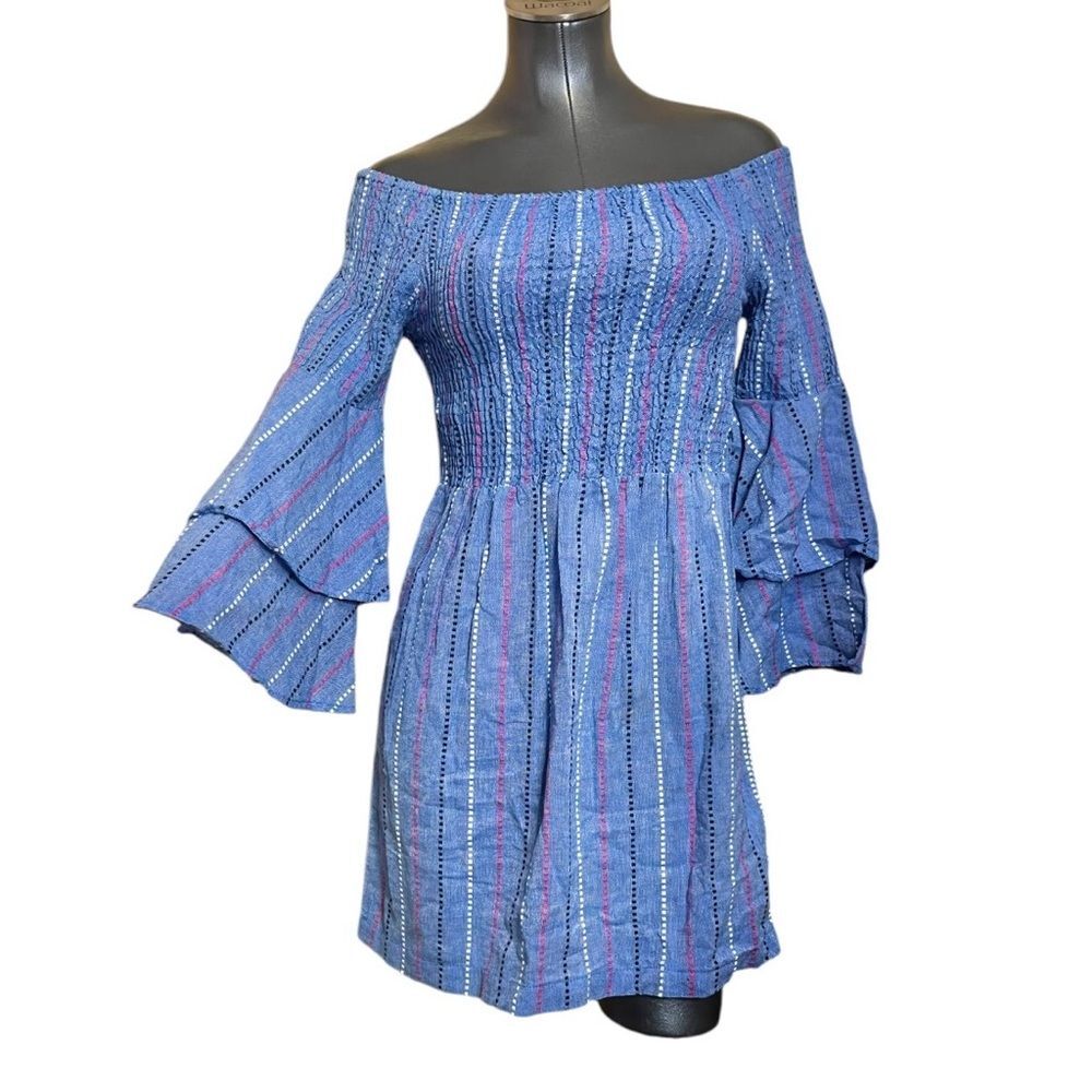 mudpie Chambray Bell Flare Sleeve Tunic Top Mini Dress Womens Size Small